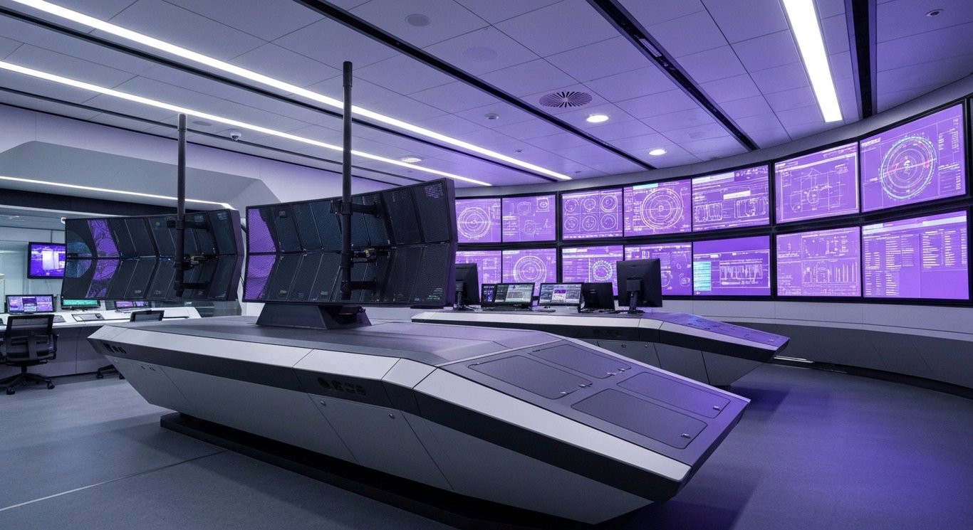 Modern military radar system in a high-tech command center with a subtle purple background