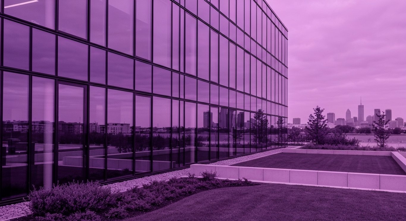 Modern office building with glass façade and greenery, city skyline softly blurred in the background