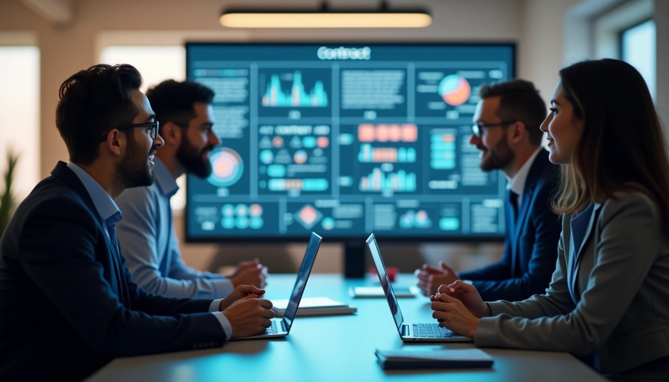 Professionals collaborating on a digital contract workflow.