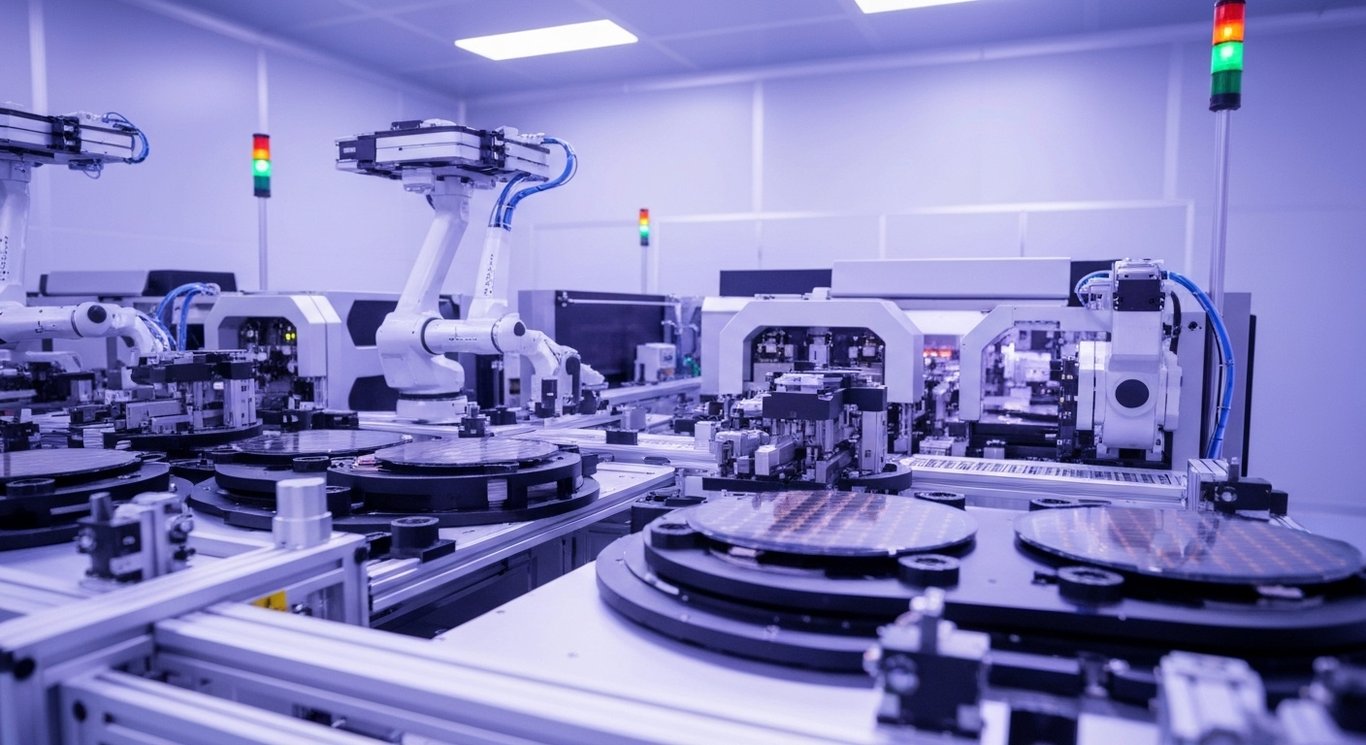 Advanced equipment in a cleanroom surrounded by glowing machines and silicon wafers