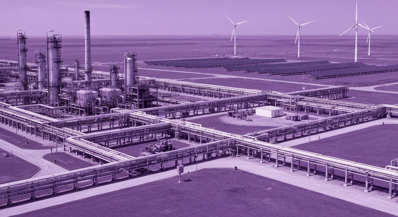 Oil refinery facility with advanced machinery and clean energy features in a purple-themed industrial setting