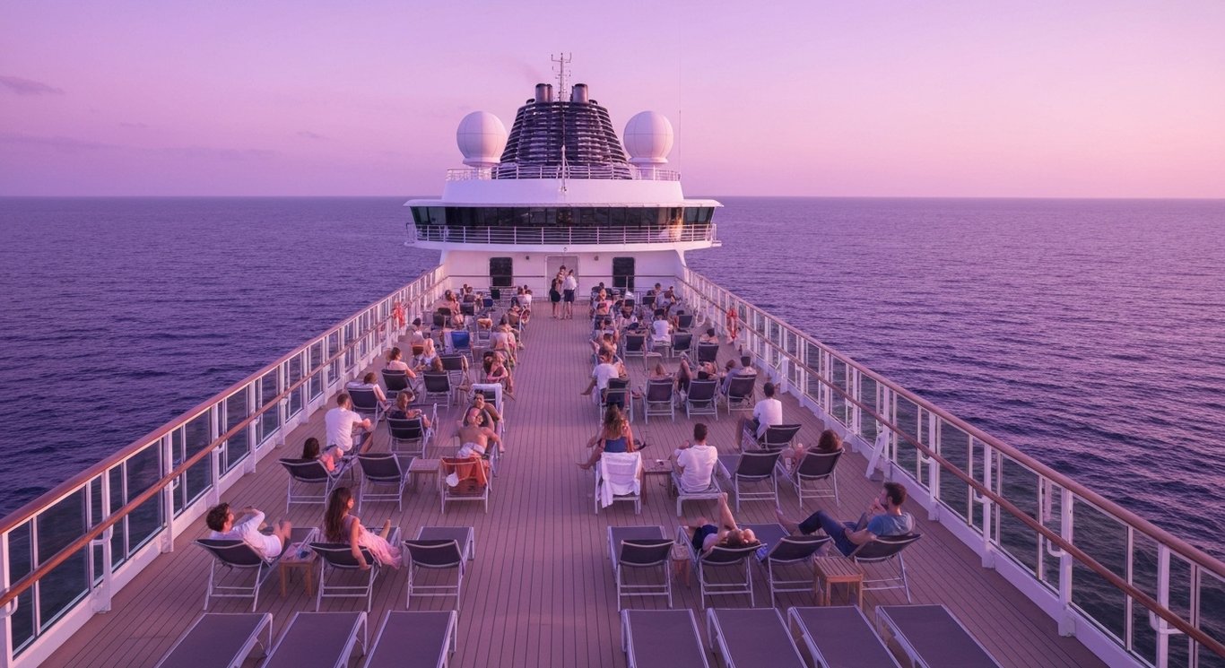 Luxury cruise ship on calm sea at sunset with young people relaxing on the top deck