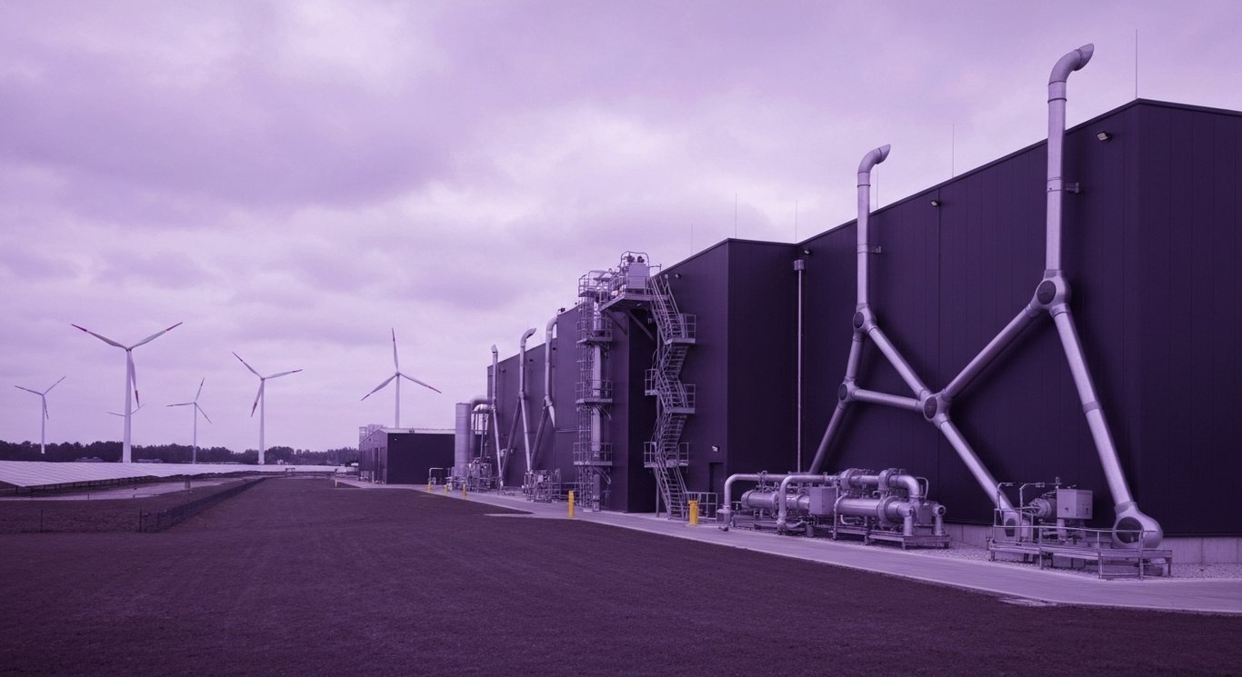 Industrial facility with advanced carbon capture machines, wind turbines, and solar panels in a sleek, purple setting