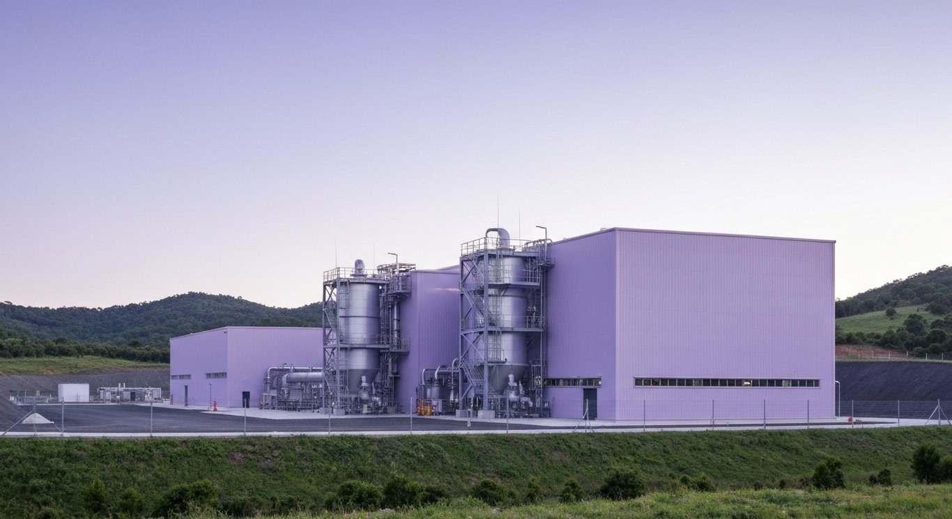 Modern lithium extraction facility surrounded by natural landscape with a sleek, minimalist design