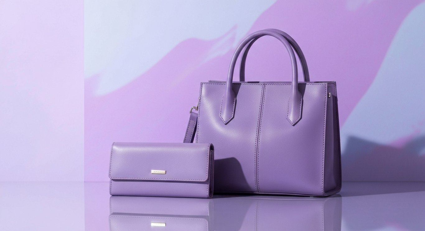 Modern leather handbag and wallet on a sleek surface with a soft purple abstract background