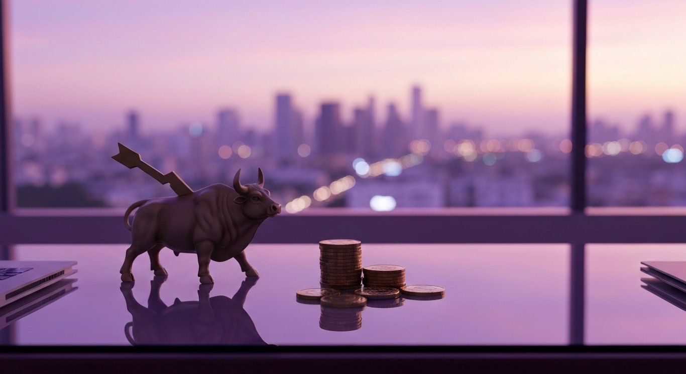 Bull figurine with upward arrow and stacked coins on a glossy desk against soft purple city lights