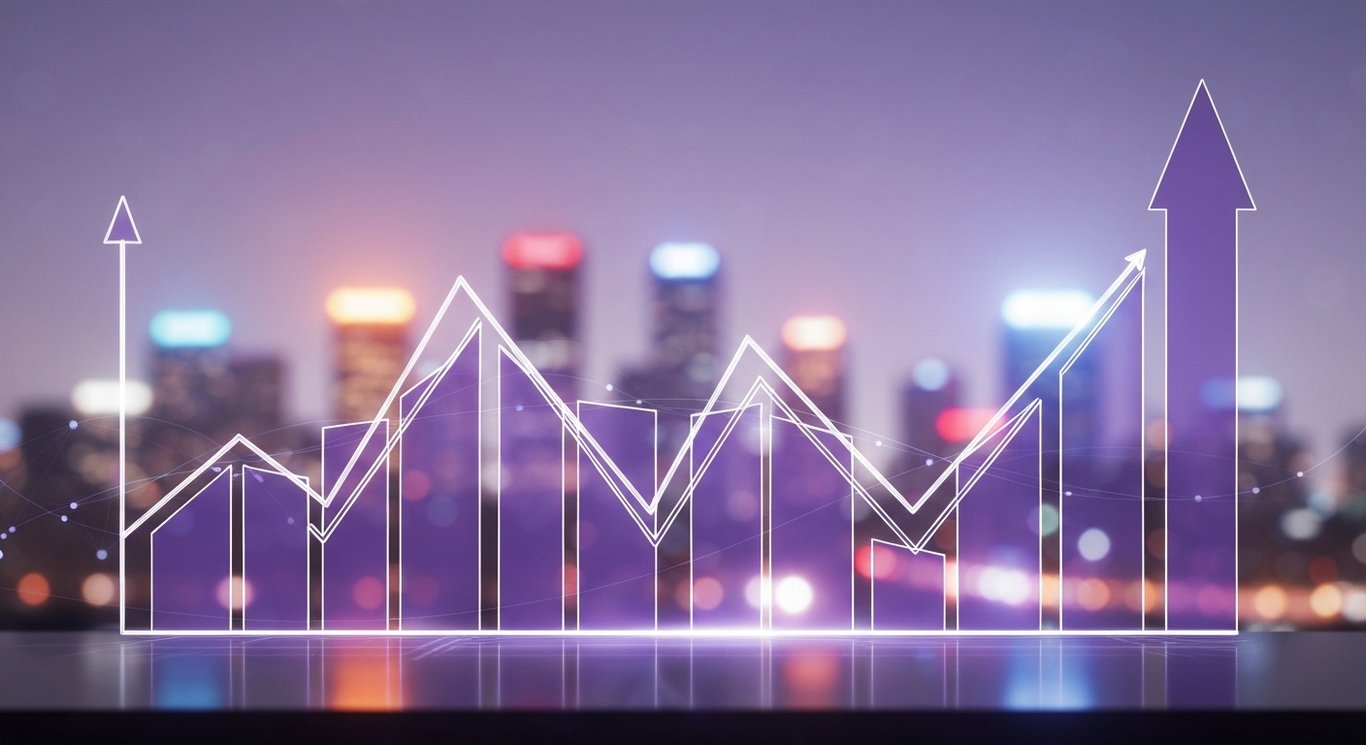 Abstract graph with upward lines in front of a blurred city skyline and digital network background