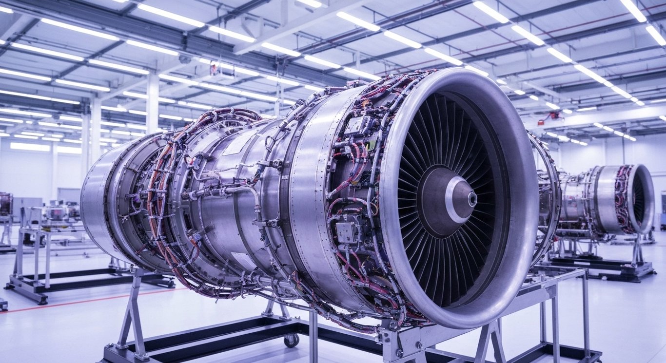 Modern jet engine with electric wiring in advanced manufacturing facility, purple minimalist setting