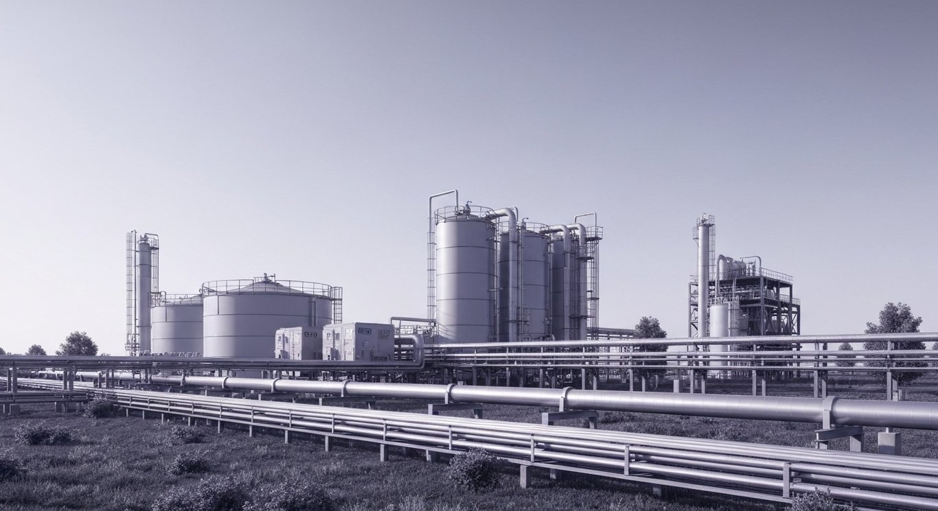 Industrial chemical plant featuring ammonia tanks and hydrogen pipelines set in a futuristic, clean energy landscape