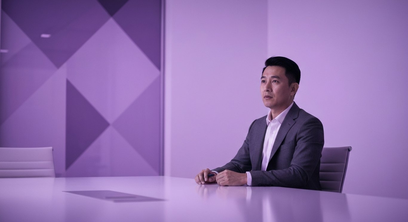 Business executive at a modern conference table in an office with a purple lighting mood