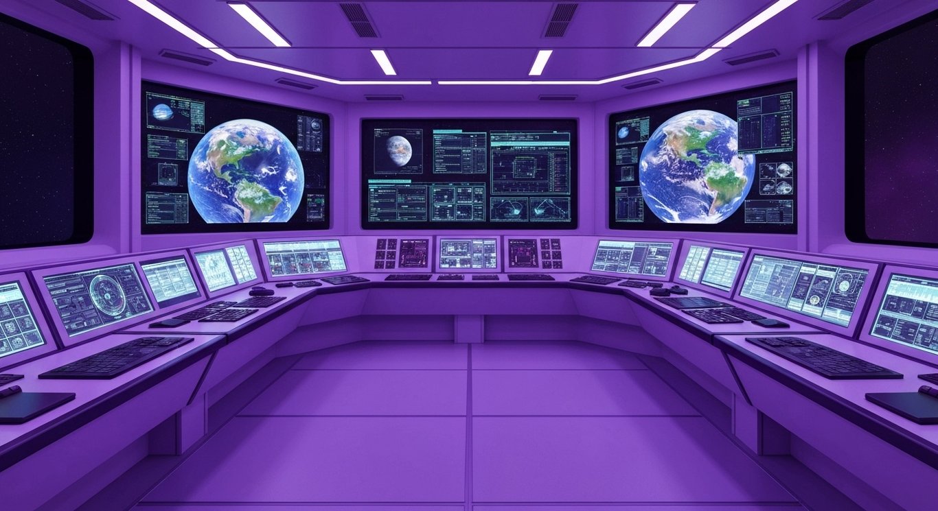 Radiation-hardened microchips on a control desk in a purple-hued aerospace control room