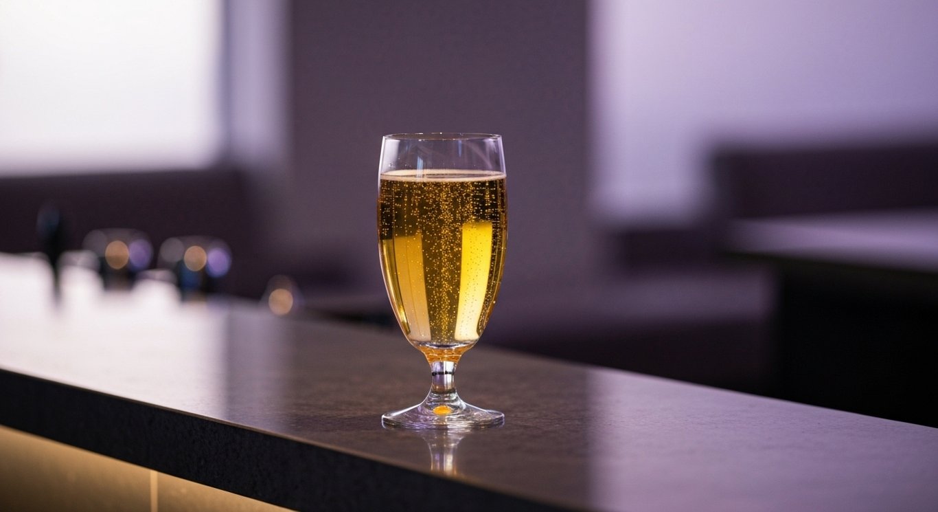 Glass of golden lager on a modern bar counter with a soft purple-toned background