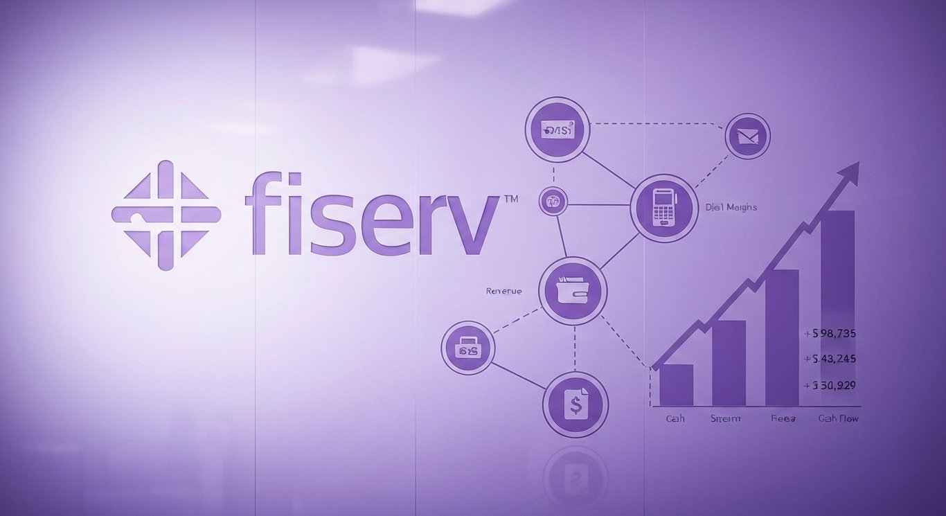Fiserv earnings with revenue growth, free cash flow, and margin expansion, payments network with POS and wallet icons