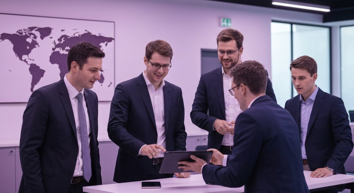 Business professionals collaborating at a table with a digital tablet in a modern office