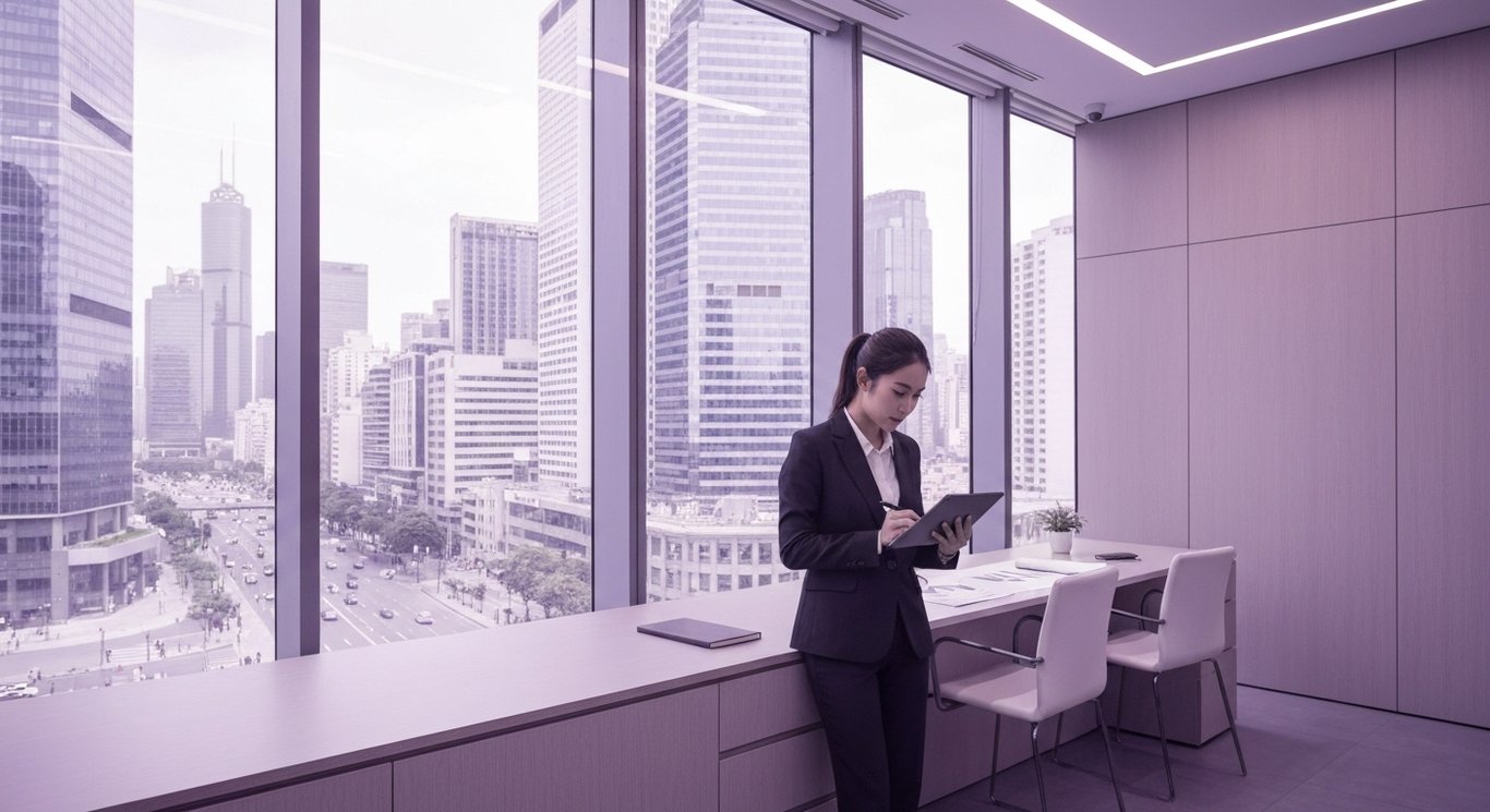 Businesswoman reviews financial charts on a tablet in a modern office with a purple-toned city view