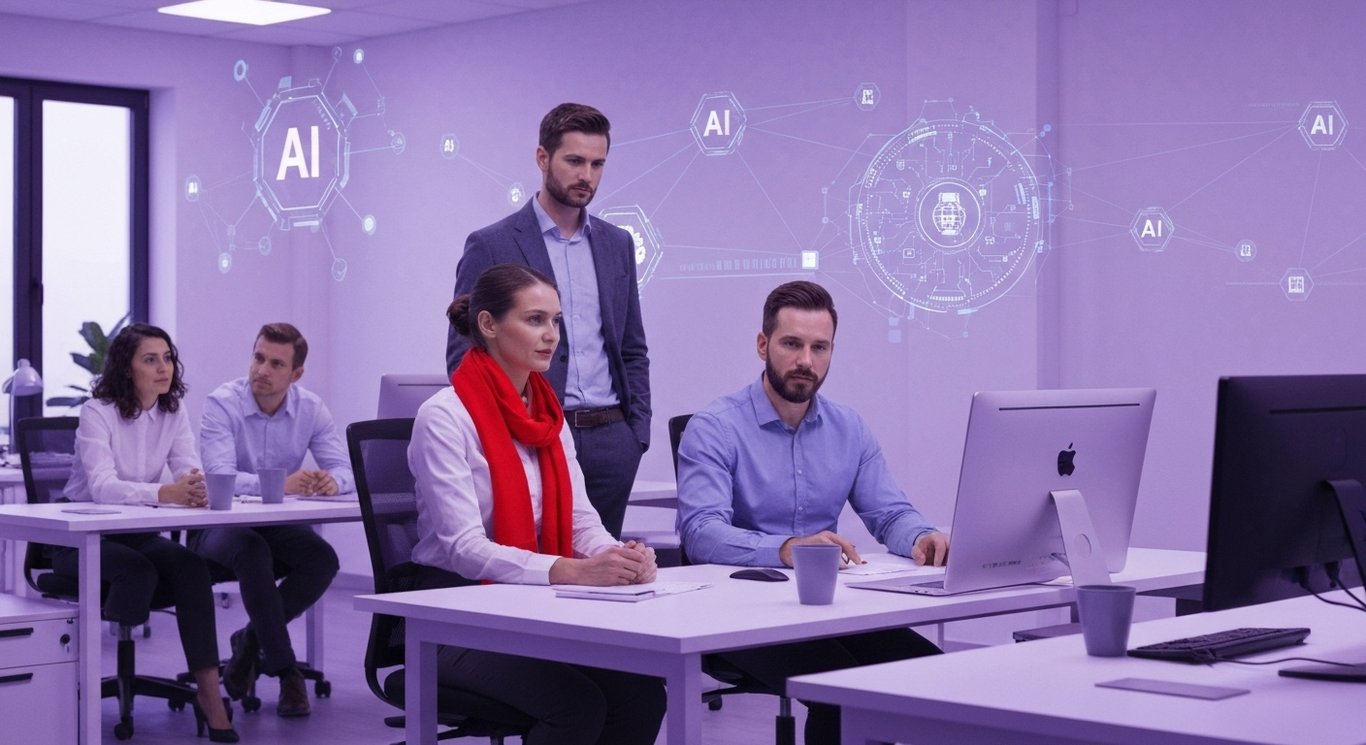 Group of professionals working at a modern desk with digital AI icons and subtle purple tones in the background