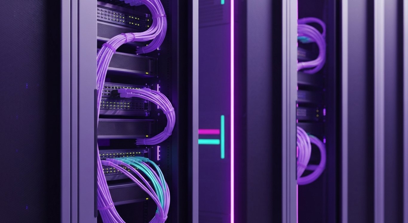 Server racks with glowing cables in a high-tech datacenter illuminated by soft purple light