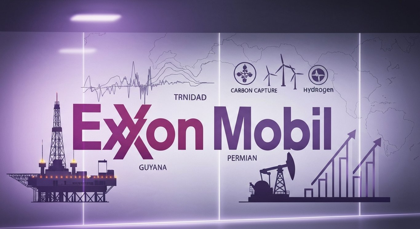 ExxonMobil strategy image with Guyana offshore, Permian pumpjack, Trinidad exploration, low‑carbon energy symbols, shareholde