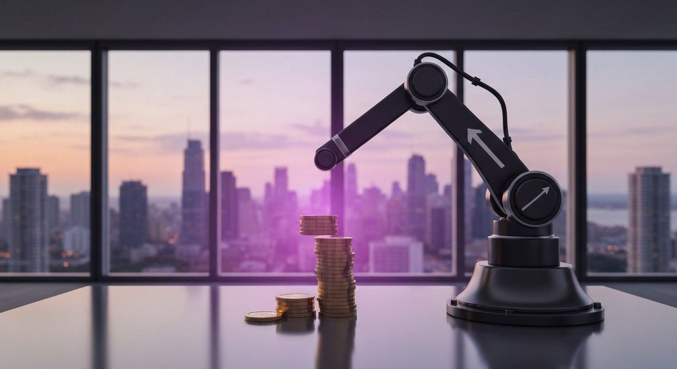 Industrial robotic arm and stacked coins with a glowing upward arrow on a glossy desk before a dusk city skyline