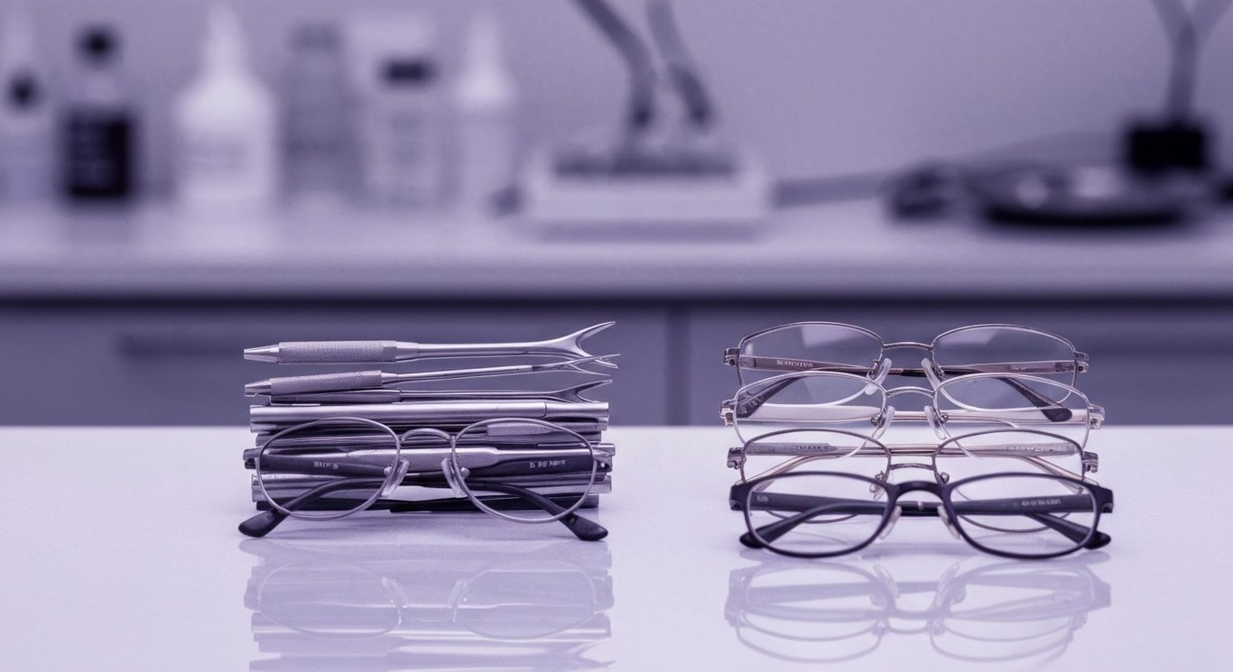 Stack of eyeglass frames and surgical instruments on reflective surface with soft purple background