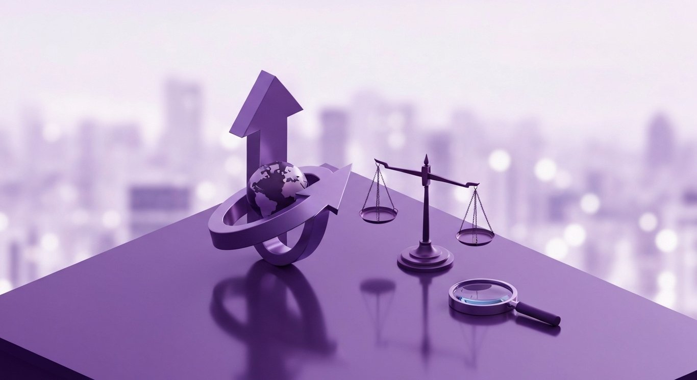 Upward metallic arrow circling a small globe beside a balance scale on a reflective desk with soft purple city bokeh