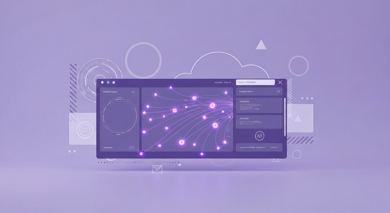 Digital cloud platform with glowing neural network lines in a modern workspace with purple tones