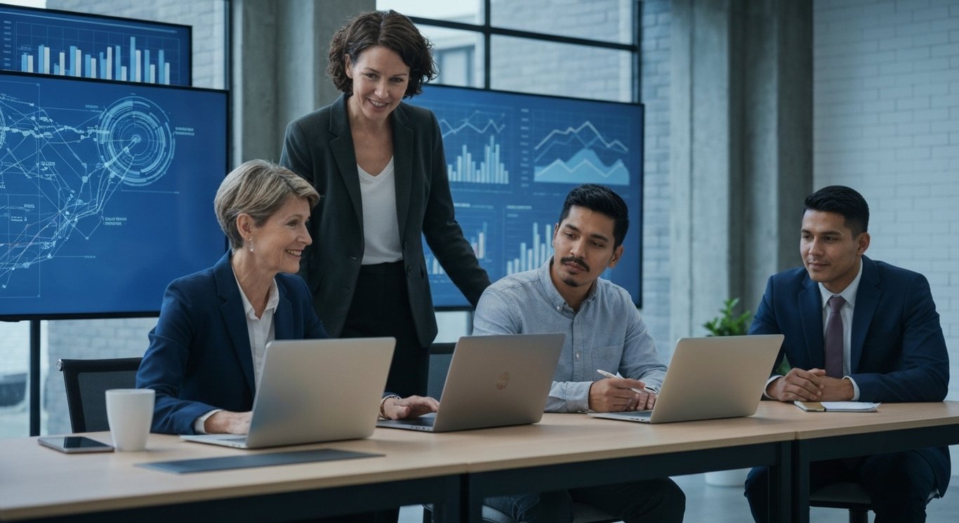 Businesspeople working with laptops in a modern office with digital charts and graphs in the background