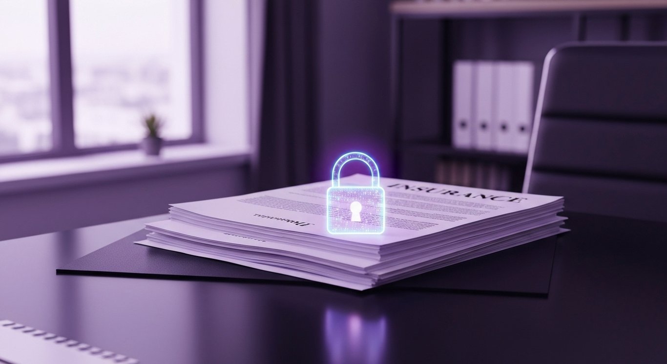 Stack of insurance documents and digital padlock on a modern desk with a soft purple-toned background