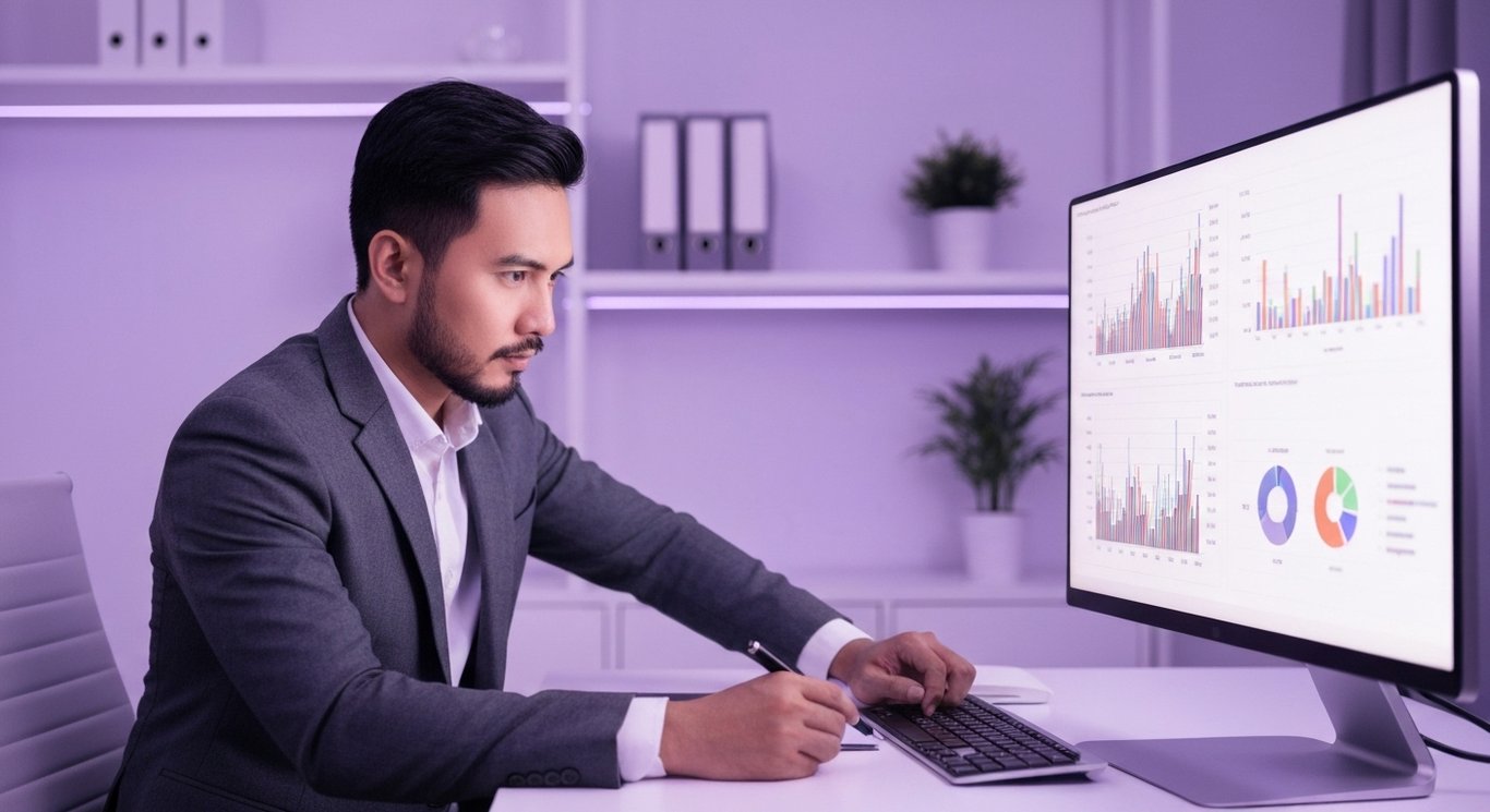 Business executive reviews financial charts in a modern office with purple accents