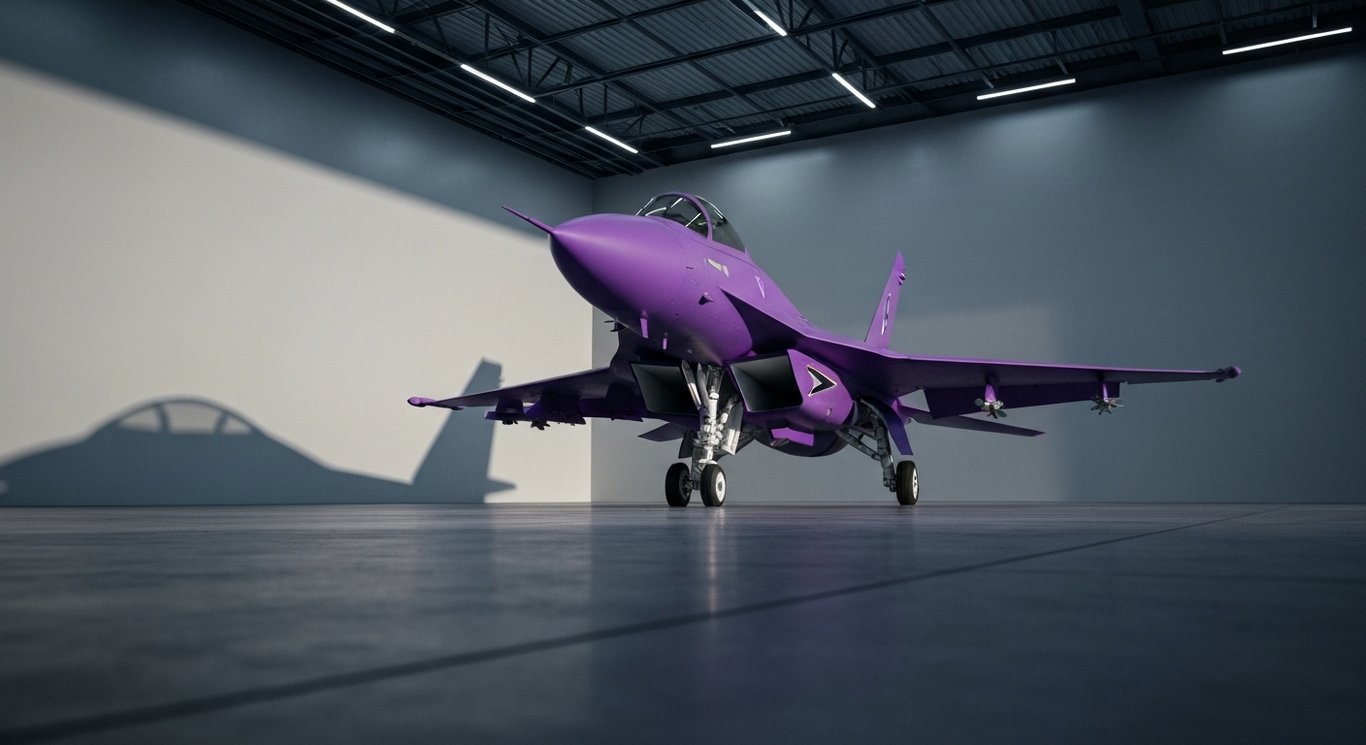 Modern fighter jet in a spacious hangar with soft purple lighting and gentle shadows