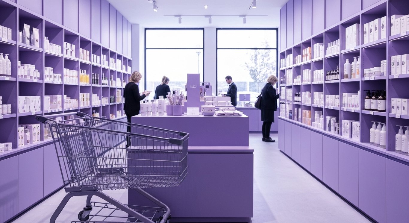 Retail store interior with shopping carts and shelves, set against a soft purple-themed minimalist background