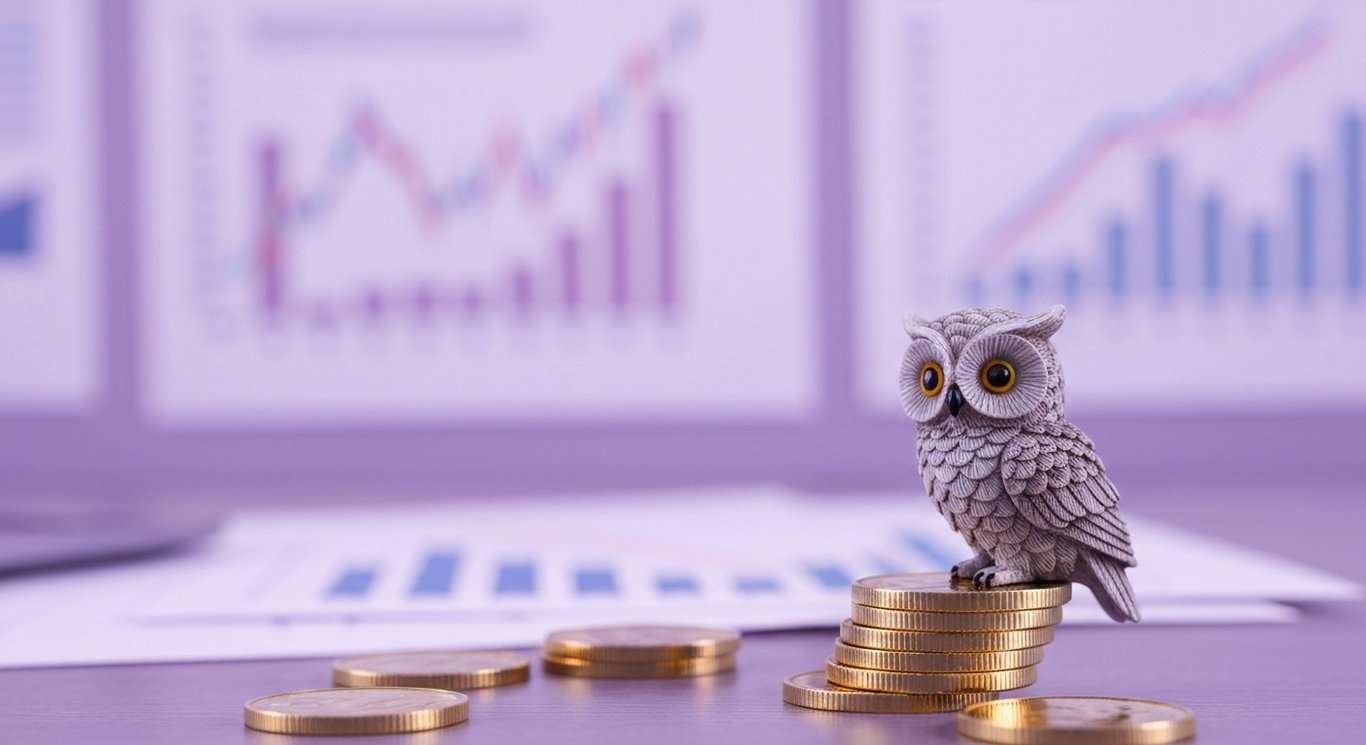 Owl figurine sitting on gold coins in front of a blurred office background with hints of purple