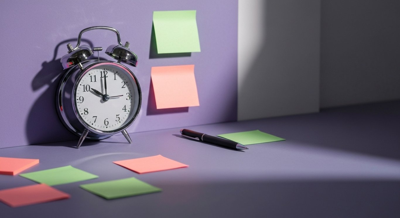 Silver alarm clock among sticky notes and pen on a modern desk with a purple-themed background