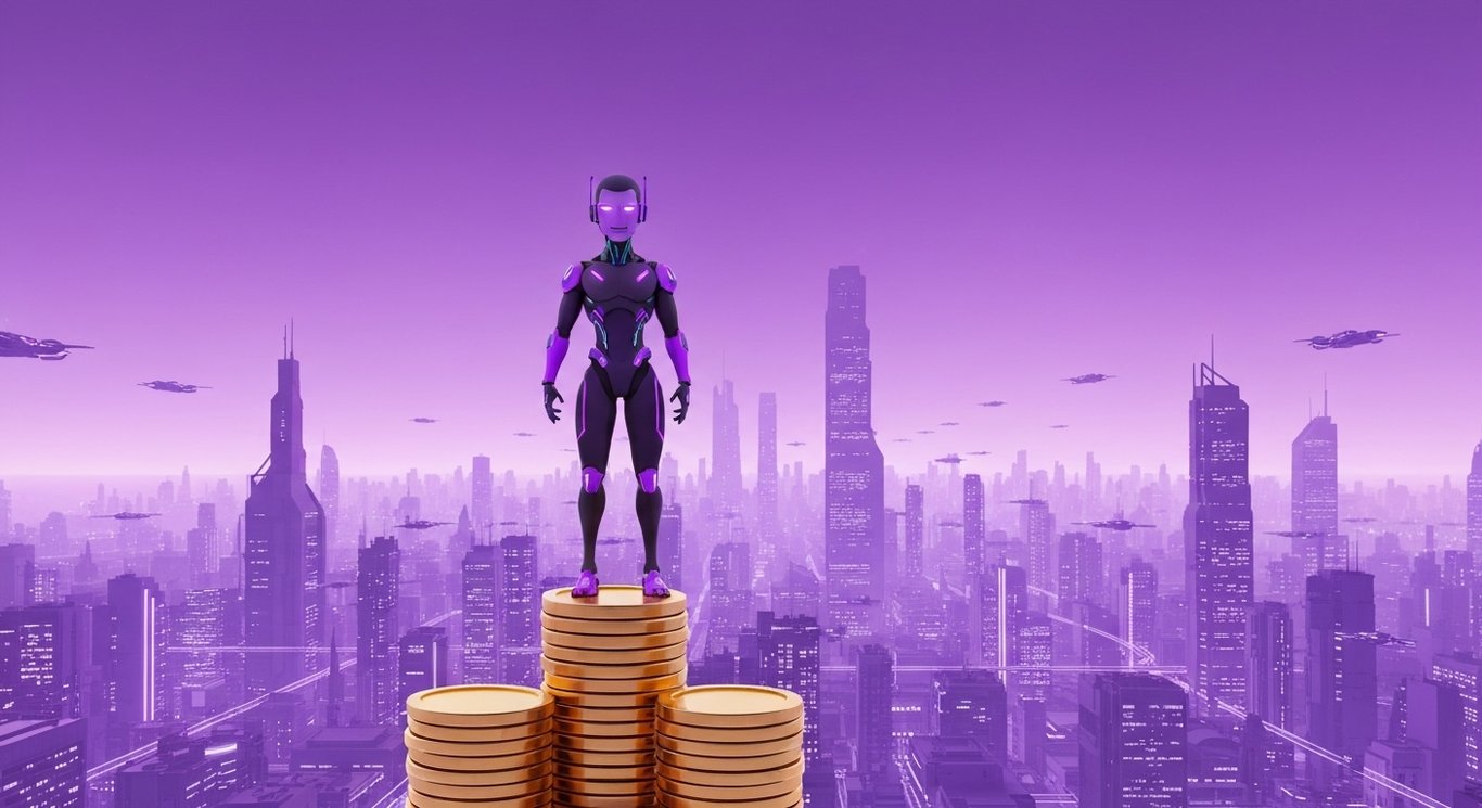 Digital avatar on gold coins with a virtual city and glowing purple background