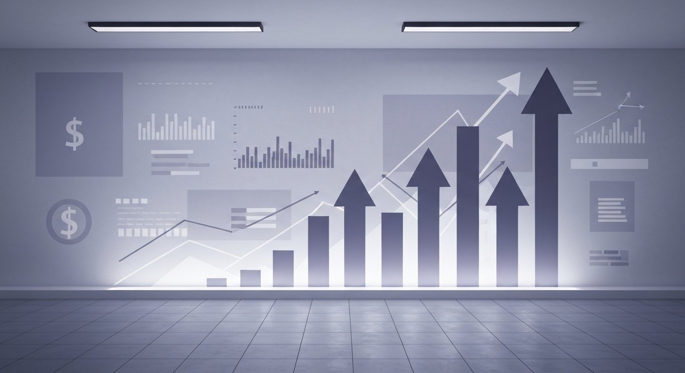 Abstract business graph with upward arrows in a modern office setting with a soft purple theme