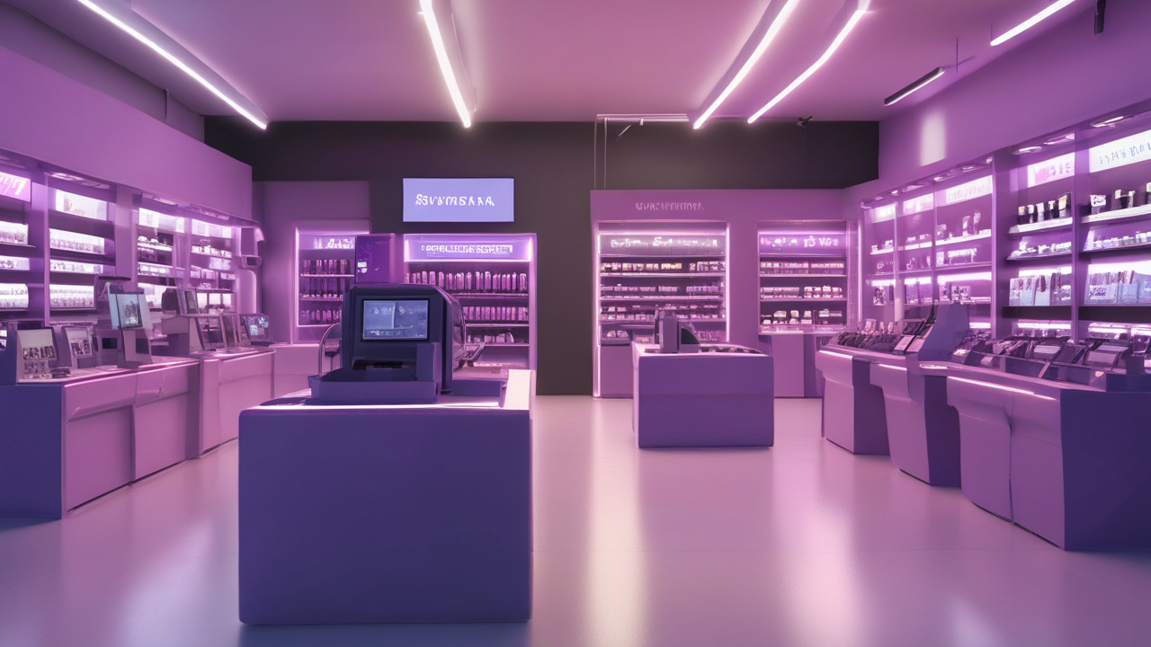 Futuristic retail store with digital displays and AI checkout in a purple-toned minimalist setting