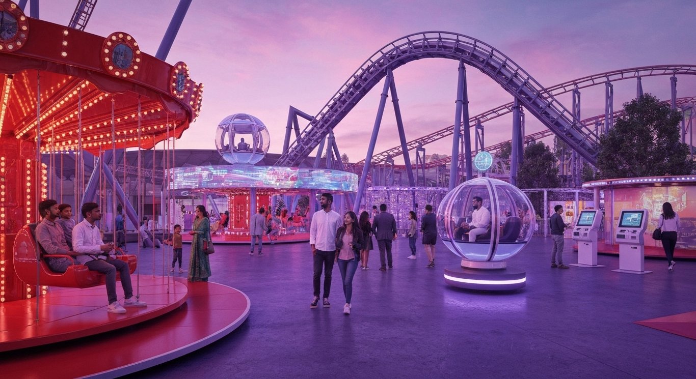 Modern amusement park with futuristic rides and visitors amid a stylish purple backdrop