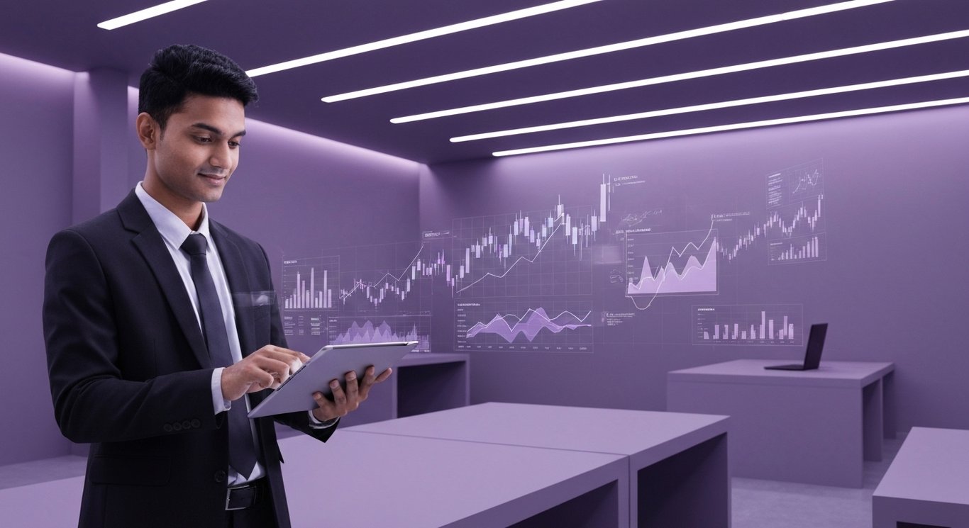 Young professional holding tablet in a modern office with abstract financial and AR graphics in the background