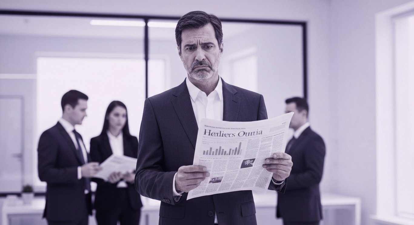 Businessperson holding newspaper in modern office with blurred colleagues in background