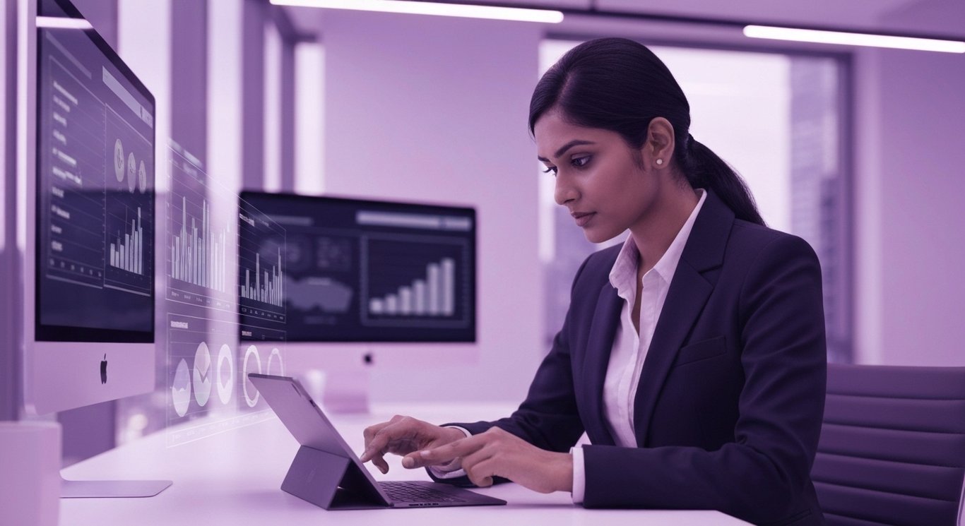 Businessperson with tablet reviews digital charts in sleek office with purple-toned cityscape backdrop