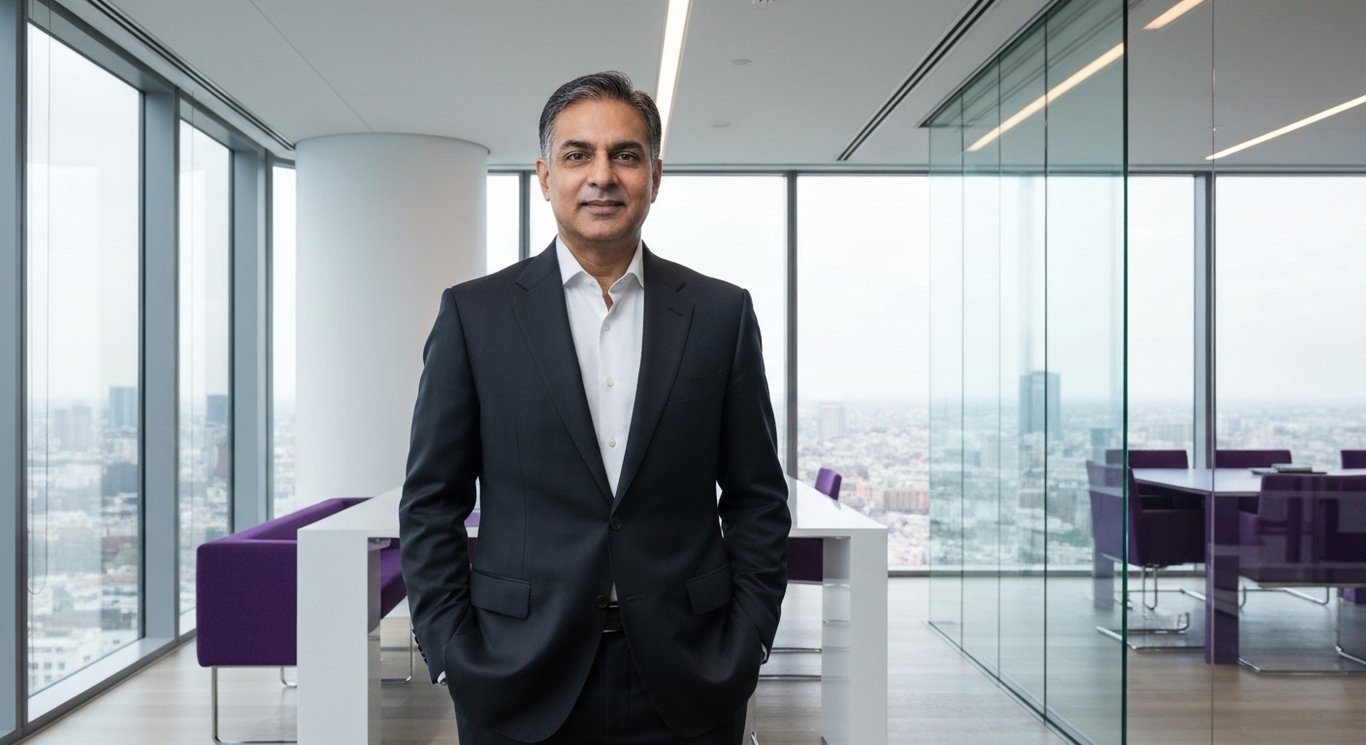 Executive in a modern office with large windows overlooking a cityscape, soft purple hues throughout