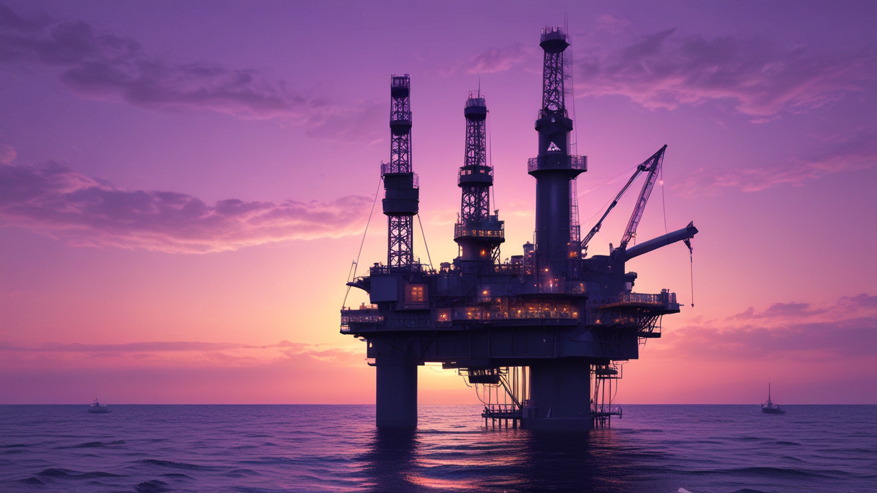 Oil drilling equipment on an offshore platform with the sea in the background