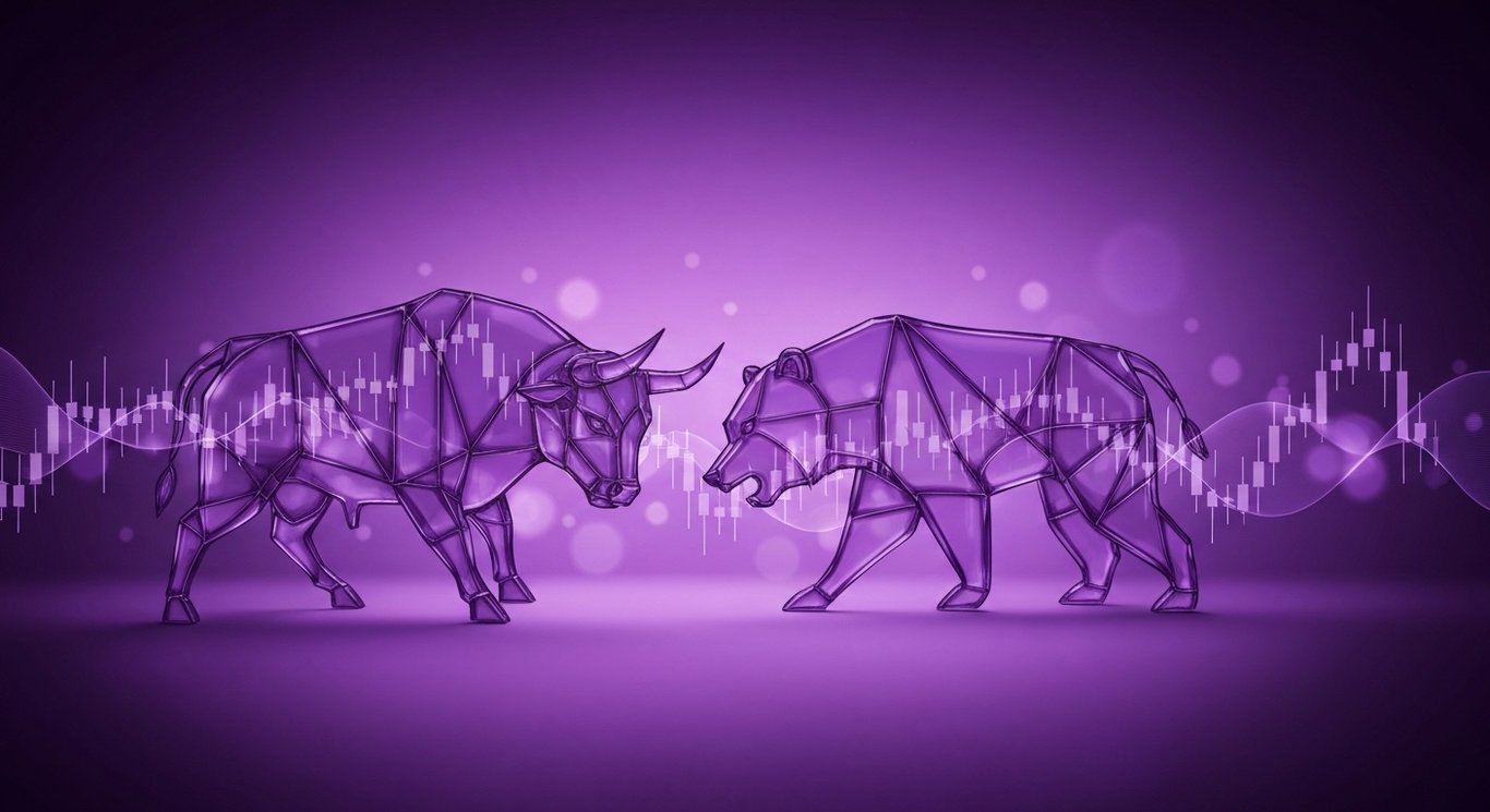 Financial market trends visualization with bull and bear, data-driven investing and stock market analysis in purple tones