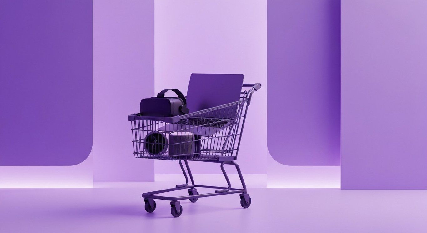 Modern shopping cart with tech devices surrounded by abstract digital graphics in a purple-toned setting