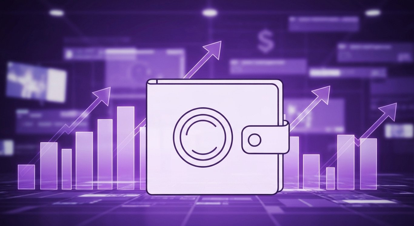 Digital wallet with coin and abstract arrows in a futuristic scene with soft purple gradients