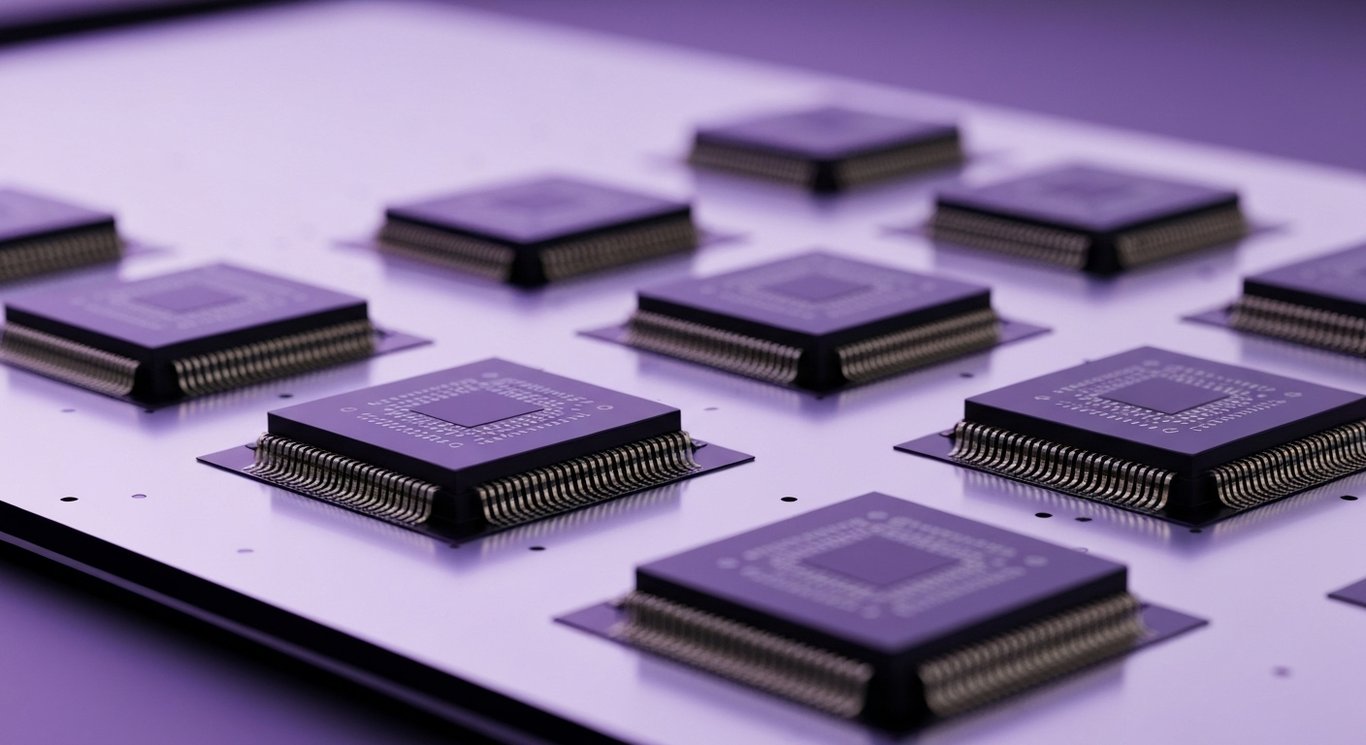 High-tech computer microchips arrayed on a silicon wafer in a modern lab with a purple gradient background