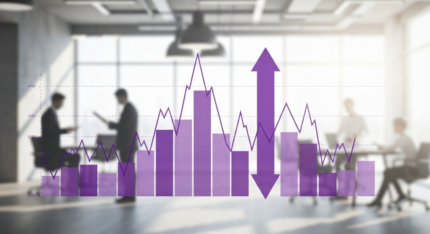 Abstract financial chart featuring arrows in a modern office with a soft purple background