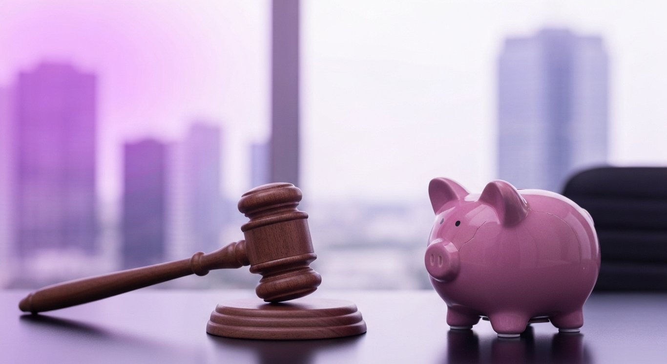 Wooden gavel beside a cracked piggy bank on a sleek desk with blurred office skyline and purple glow