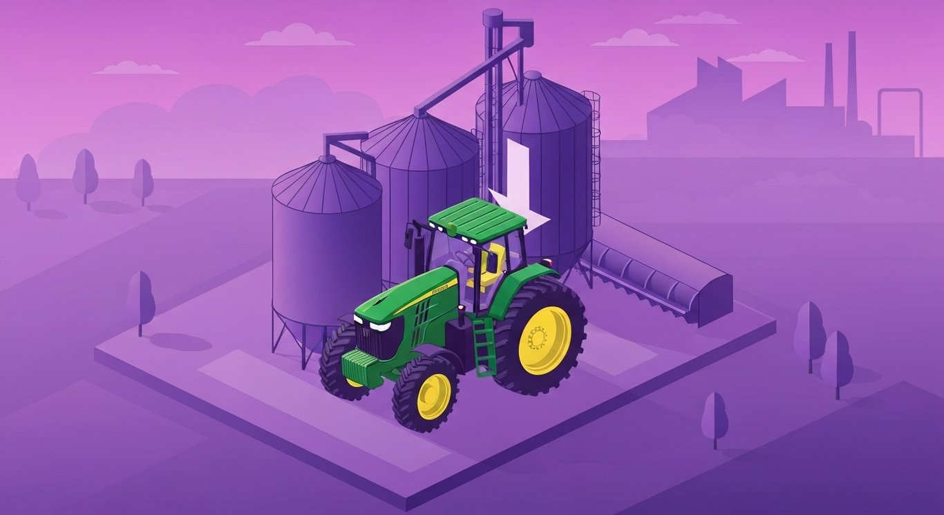 Farm tractor beside grain silos with a downward arrow and distant factory skyline under a hazy purple dusk