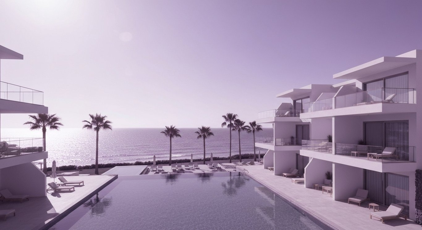 Luxury resort buildings surrounded by palm trees and pools along a calm coastline
